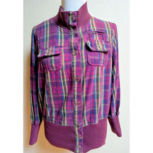 Vintage Plaid Jacket Women’s Plum Ribbed Trim Button Front 80s 90s Retro